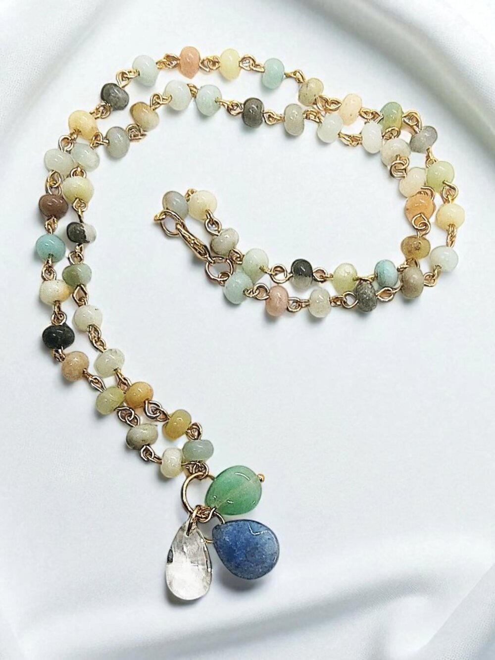Handmade Amazonite Gemstone Beaded Necklace with Crystal & Gemstone Pendant